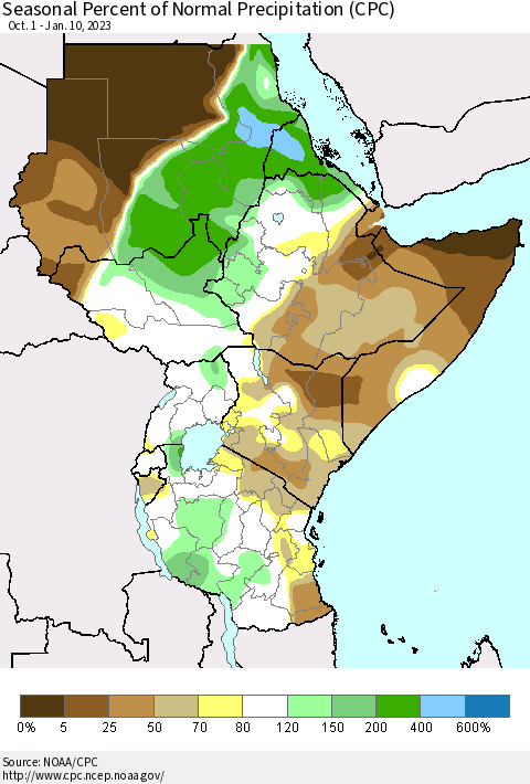 Eastern Africa Seasonal Percent of Normal Precipitation (CPC) Thematic Map For 10/1/2022 - 1/10/2023