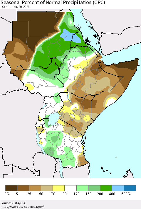 Eastern Africa Seasonal Percent of Normal Precipitation (CPC) Thematic Map For 10/1/2022 - 1/20/2023