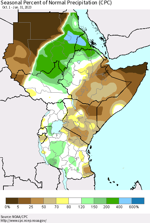 Eastern Africa Seasonal Percent of Normal Precipitation (CPC) Thematic Map For 10/1/2022 - 1/31/2023