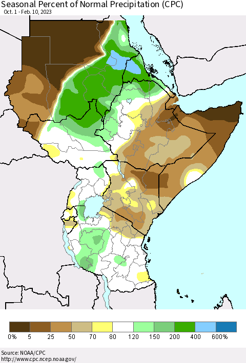 Eastern Africa Seasonal Percent of Normal Precipitation (CPC) Thematic Map For 10/1/2022 - 2/10/2023