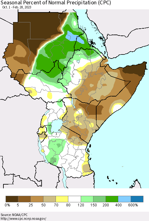 Eastern Africa Seasonal Percent of Normal Precipitation (CPC) Thematic Map For 10/1/2022 - 2/28/2023