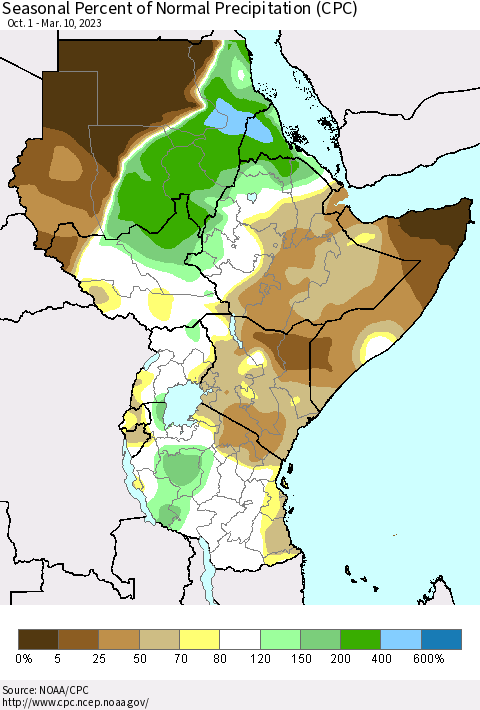 Eastern Africa Seasonal Percent of Normal Precipitation (CPC) Thematic Map For 10/1/2022 - 3/10/2023