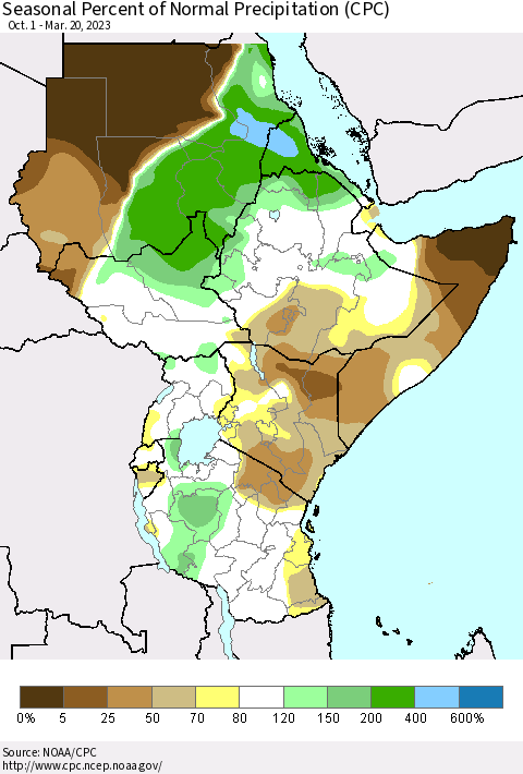 Eastern Africa Seasonal Percent of Normal Precipitation (CPC) Thematic Map For 10/1/2022 - 3/20/2023
