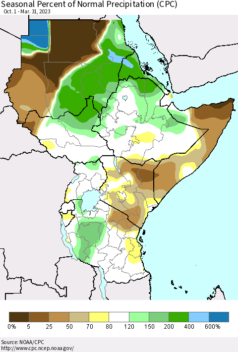 Eastern Africa Seasonal Percent of Normal Precipitation (CPC) Thematic Map For 10/1/2022 - 3/31/2023