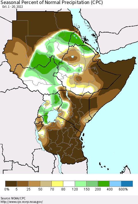 Eastern Africa Seasonal Percent of Normal Precipitation (CPC) Thematic Map For 10/1/2022 - 10/20/2022