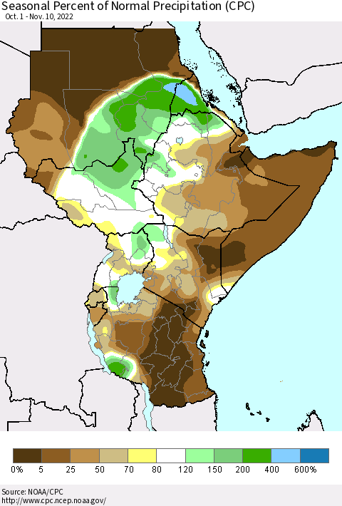 Eastern Africa Seasonal Percent of Normal Precipitation (CPC) Thematic Map For 10/1/2022 - 11/10/2022