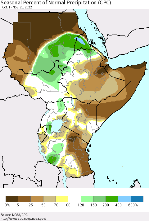 Eastern Africa Seasonal Percent of Normal Precipitation (CPC) Thematic Map For 10/1/2022 - 11/20/2022