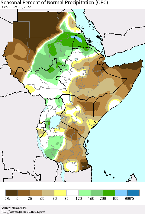 Eastern Africa Seasonal Percent of Normal Precipitation (CPC) Thematic Map For 10/1/2022 - 12/10/2022