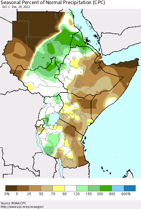 Eastern Africa Seasonal Percent of Normal Precipitation (CPC) Thematic Map For 10/1/2022 - 12/20/2022