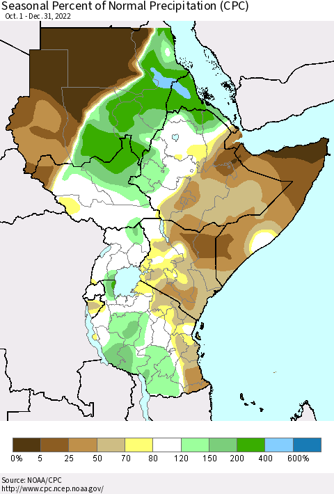 Eastern Africa Seasonal Percent of Normal Precipitation (CPC) Thematic Map For 10/1/2022 - 12/31/2022