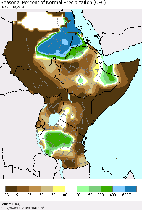 Eastern Africa Seasonal Percent of Normal Precipitation (CPC) Thematic Map For 3/1/2023 - 3/10/2023