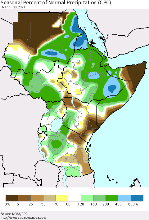 Eastern Africa Seasonal Percent of Normal Precipitation (CPC) Thematic Map For 3/1/2023 - 3/20/2023