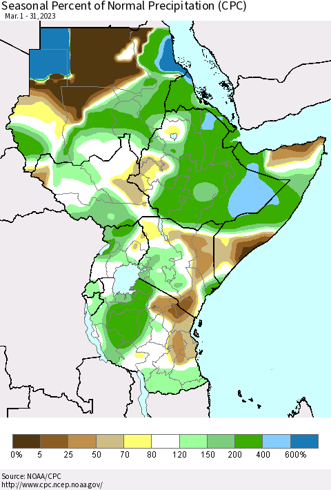 Eastern Africa Seasonal Percent of Normal Precipitation (CPC) Thematic Map For 3/1/2023 - 3/31/2023