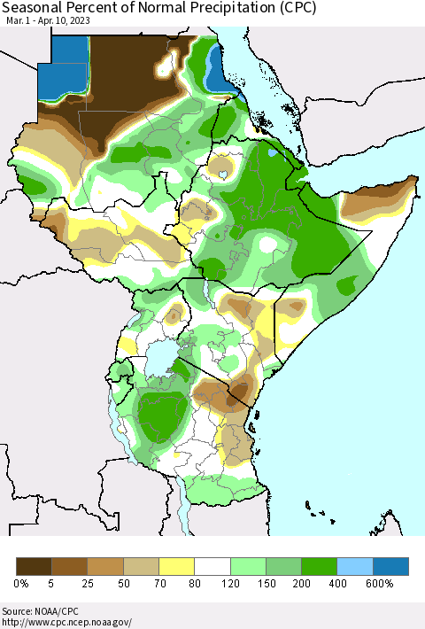 Eastern Africa Seasonal Percent of Normal Precipitation (CPC) Thematic Map For 3/1/2023 - 4/10/2023