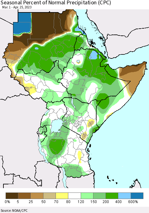 Eastern Africa Seasonal Percent of Normal Precipitation (CPC) Thematic Map For 3/1/2023 - 4/25/2023