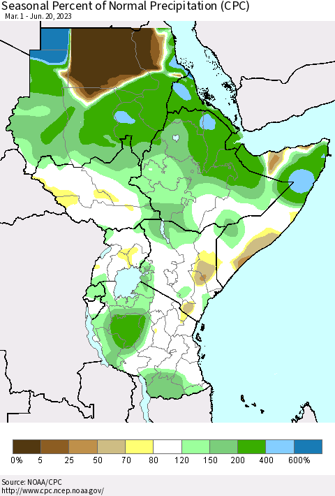 Eastern Africa Seasonal Percent of Normal Precipitation (CPC) Thematic Map For 3/1/2023 - 6/20/2023
