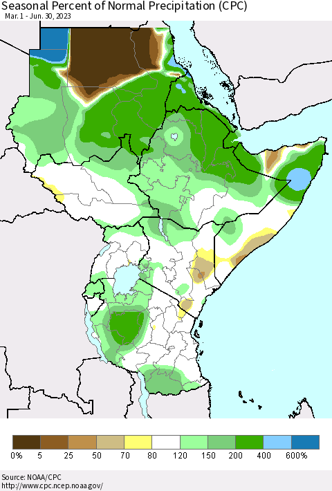Eastern Africa Seasonal Percent of Normal Precipitation (CPC) Thematic Map For 3/1/2023 - 6/30/2023