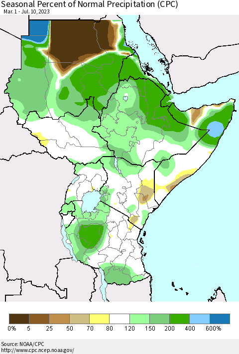 Eastern Africa Seasonal Percent of Normal Precipitation (CPC) Thematic Map For 3/1/2023 - 7/10/2023