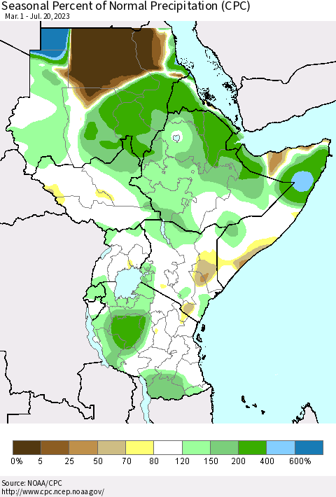 Eastern Africa Seasonal Percent of Normal Precipitation (CPC) Thematic Map For 3/1/2023 - 7/20/2023