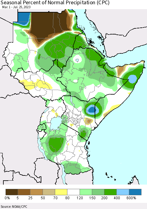 Eastern Africa Seasonal Percent of Normal Precipitation (CPC) Thematic Map For 3/1/2023 - 7/25/2023