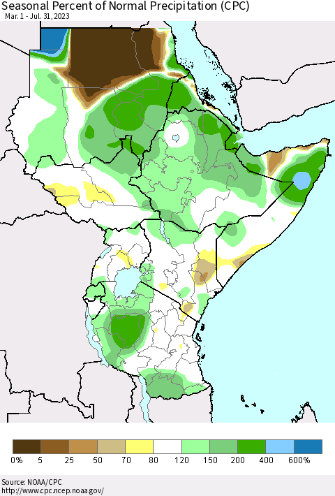 Eastern Africa Seasonal Percent of Normal Precipitation (CPC) Thematic Map For 3/1/2023 - 7/31/2023