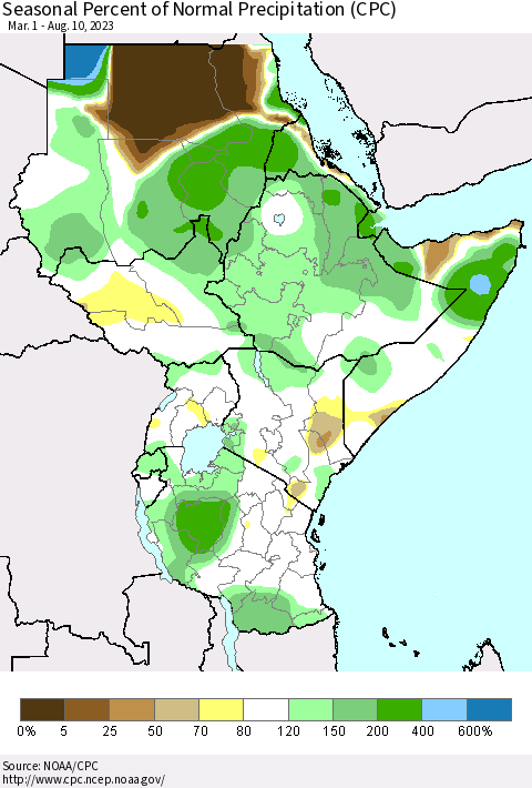 Eastern Africa Seasonal Percent of Normal Precipitation (CPC) Thematic Map For 3/1/2023 - 8/10/2023