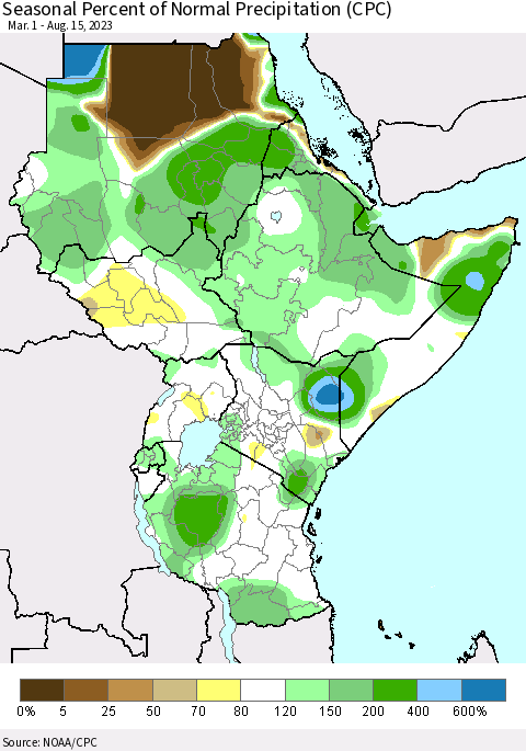 Eastern Africa Seasonal Percent of Normal Precipitation (CPC) Thematic Map For 3/1/2023 - 8/15/2023