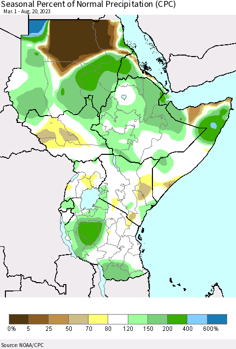 Eastern Africa Seasonal Percent of Normal Precipitation (CPC) Thematic Map For 3/1/2023 - 8/20/2023