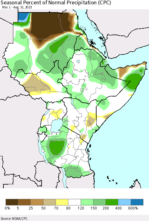 Eastern Africa Seasonal Percent of Normal Precipitation (CPC) Thematic Map For 3/1/2023 - 8/31/2023