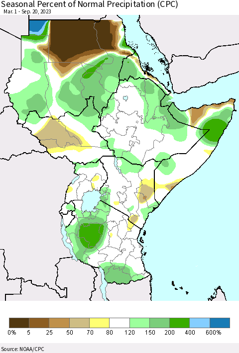 Eastern Africa Seasonal Percent of Normal Precipitation (CPC) Thematic Map For 3/1/2023 - 9/20/2023