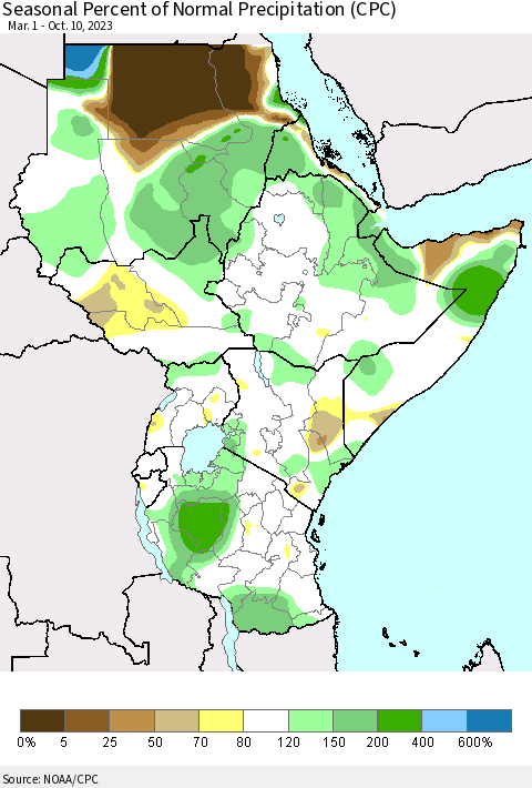 Eastern Africa Seasonal Percent of Normal Precipitation (CPC) Thematic Map For 3/1/2023 - 10/10/2023