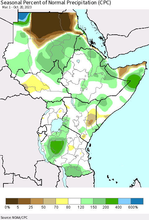 Eastern Africa Seasonal Percent of Normal Precipitation (CPC) Thematic Map For 3/1/2023 - 10/20/2023