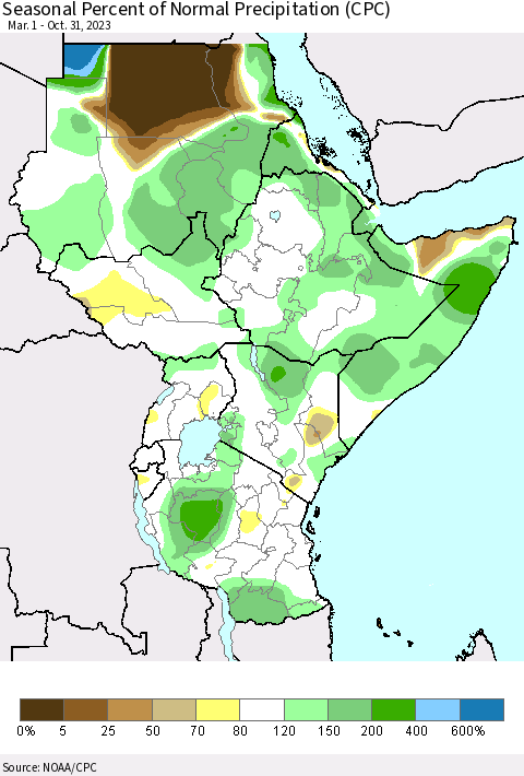 Eastern Africa Seasonal Percent of Normal Precipitation (CPC) Thematic Map For 3/1/2023 - 10/31/2023
