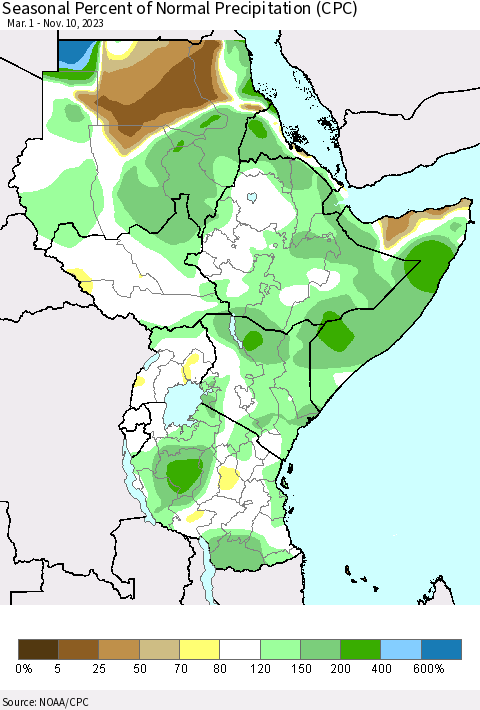 Eastern Africa Seasonal Percent of Normal Precipitation (CPC) Thematic Map For 3/1/2023 - 11/10/2023