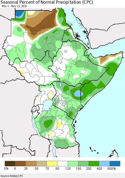 Eastern Africa Seasonal Percent of Normal Precipitation (CPC) Thematic Map For 3/1/2023 - 11/15/2023