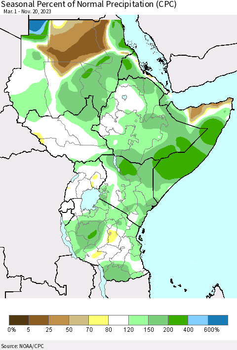 Eastern Africa Seasonal Percent of Normal Precipitation (CPC) Thematic Map For 3/1/2023 - 11/20/2023