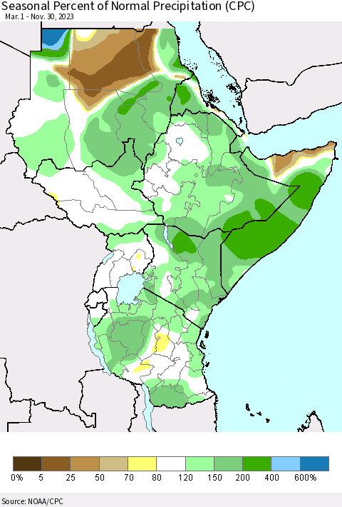 Eastern Africa Seasonal Percent of Normal Precipitation (CPC) Thematic Map For 3/1/2023 - 11/30/2023