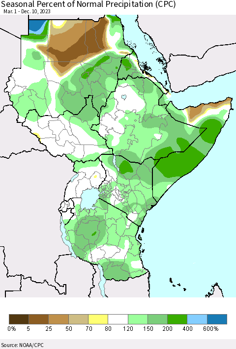 Eastern Africa Seasonal Percent of Normal Precipitation (CPC) Thematic Map For 3/1/2023 - 12/10/2023