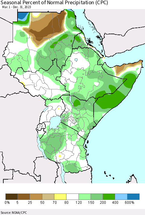 Eastern Africa Seasonal Percent of Normal Precipitation (CPC) Thematic Map For 3/1/2023 - 12/31/2023