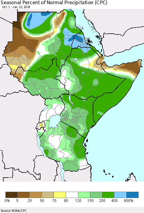 Eastern Africa Seasonal Percent of Normal Precipitation (CPC) Thematic Map For 10/1/2023 - 1/10/2024