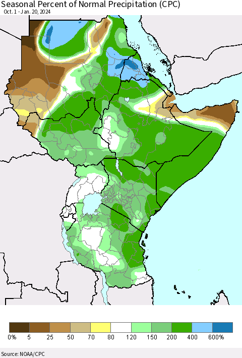 Eastern Africa Seasonal Percent of Normal Precipitation (CPC) Thematic Map For 10/1/2023 - 1/20/2024