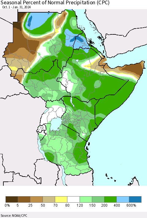 Eastern Africa Seasonal Percent of Normal Precipitation (CPC) Thematic Map For 10/1/2023 - 1/31/2024