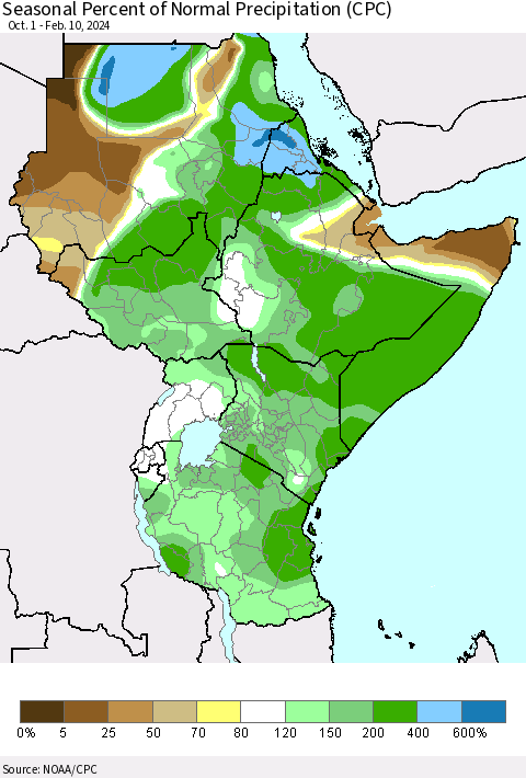 Eastern Africa Seasonal Percent of Normal Precipitation (CPC) Thematic Map For 10/1/2023 - 2/10/2024