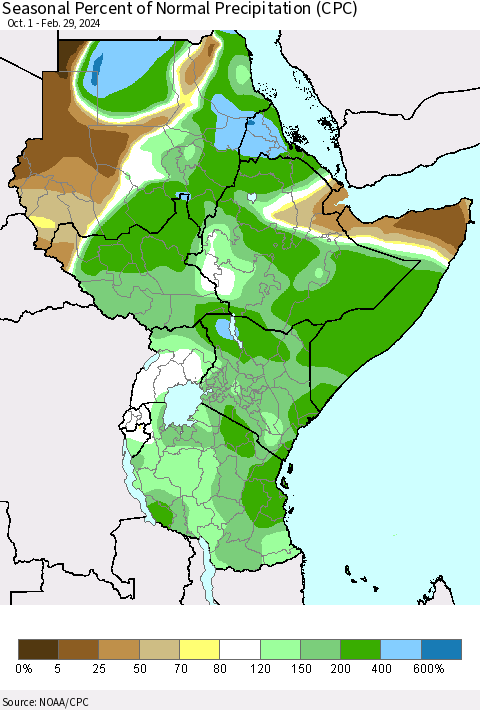 Eastern Africa Seasonal Percent of Normal Precipitation (CPC) Thematic Map For 10/1/2023 - 2/29/2024