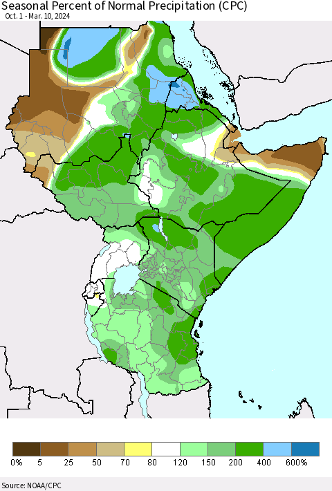 Eastern Africa Seasonal Percent of Normal Precipitation (CPC) Thematic Map For 10/1/2023 - 3/10/2024