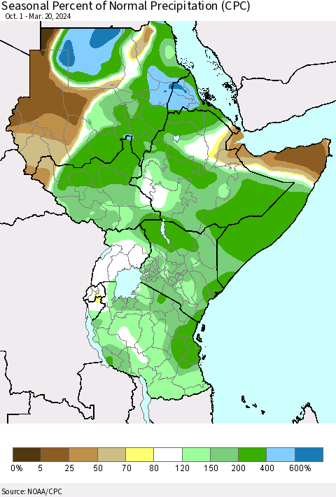 Eastern Africa Seasonal Percent of Normal Precipitation (CPC) Thematic Map For 10/1/2023 - 3/20/2024
