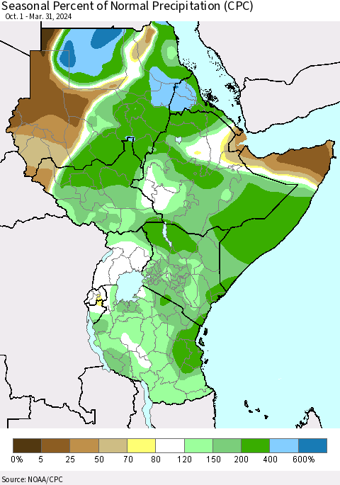 Eastern Africa Seasonal Percent of Normal Precipitation (CPC) Thematic Map For 10/1/2023 - 3/31/2024