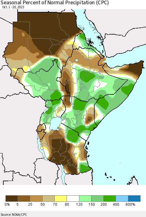 Eastern Africa Seasonal Percent of Normal Precipitation (CPC) Thematic Map For 10/1/2023 - 10/20/2023