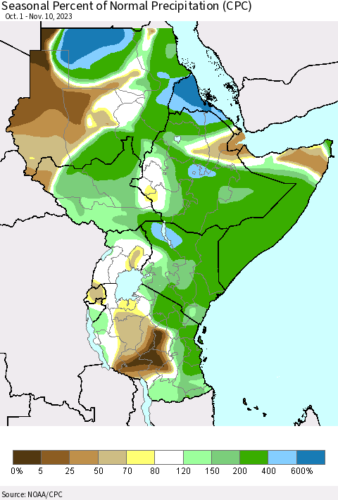 Eastern Africa Seasonal Percent of Normal Precipitation (CPC) Thematic Map For 10/1/2023 - 11/10/2023