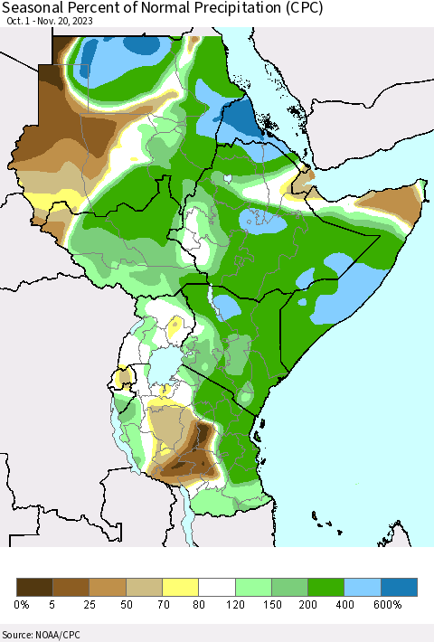 Eastern Africa Seasonal Percent of Normal Precipitation (CPC) Thematic Map For 10/1/2023 - 11/20/2023